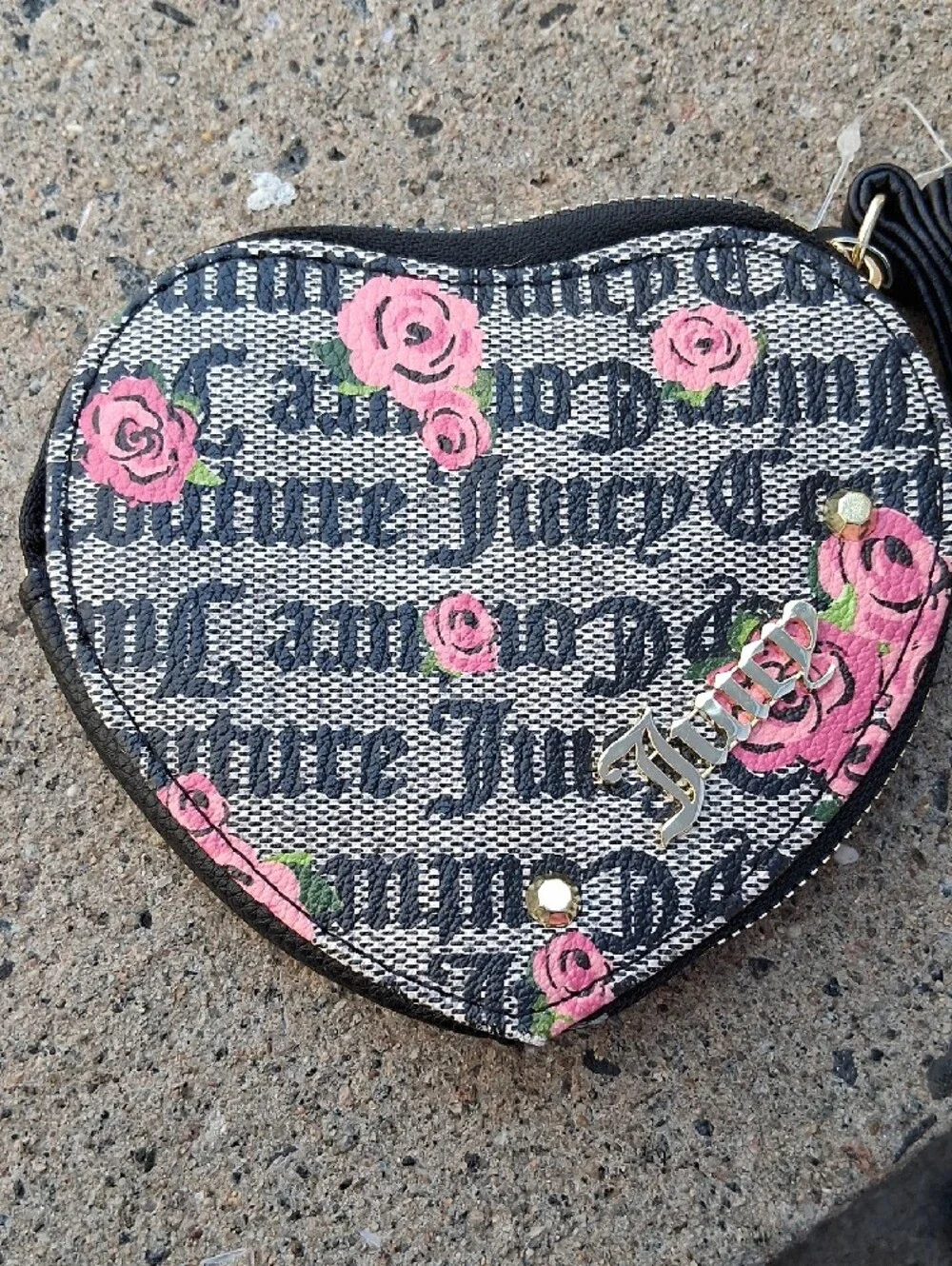Juicy Couture Black Heart Wristlet with Pink Rose Print